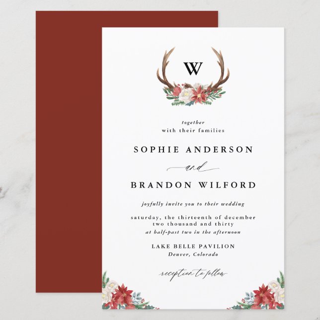 Weihnachts-Antler-Wreath-Winter Hochzeit Einladung (Vorne/Hinten)