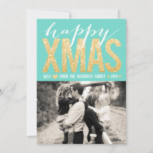 Weihnachts Aqua Gold Glitzer Foto Flat Card Feiertagskarte