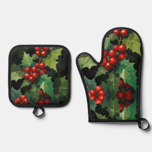 Weihnachts-Aquarell Stechpalmen-Beeren-Blätter bot Ofenhandschuh & Topflappen-Set