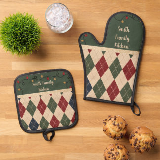 Weihnachts-Argyle-Schürze Ofenhandschuh & Topflappen-Set