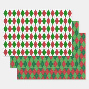 Weihnachts-Argyle Weiß Grün und Rot Geschenkpapier Set