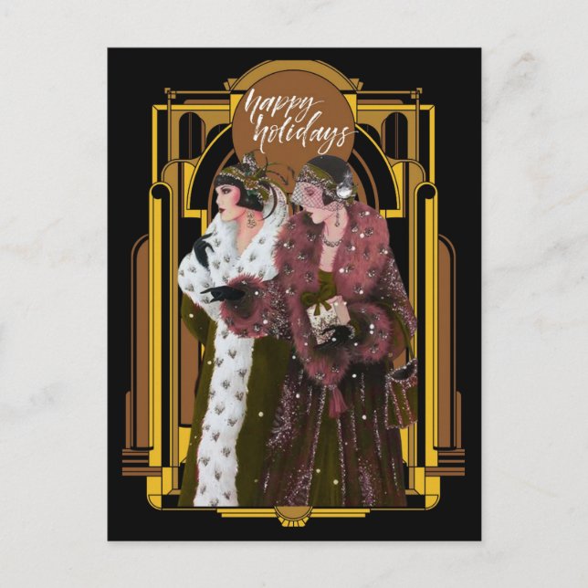 Weihnachts Art Deco Retro Ladys Postkarte (Vorderseite)