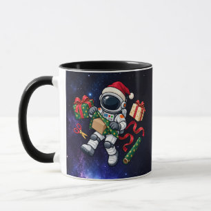 Weihnachts-Astronaut verpackt Geschenke im Weltrau Tasse