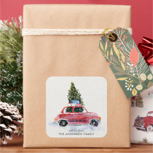 Weihnachts-Aufkleber - Vintage rotes Auto Quadratischer Aufkleber