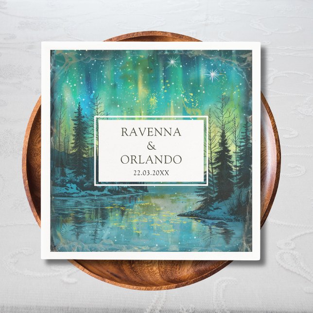 Weihnachts-Aurora-Waldsee-Nachthimmel-Hochzeit Serviette (Von Creator hochgeladen)