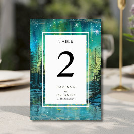 Weihnachts-Aurora-Waldsee-Nachthimmel-Hochzeit Tischnummer