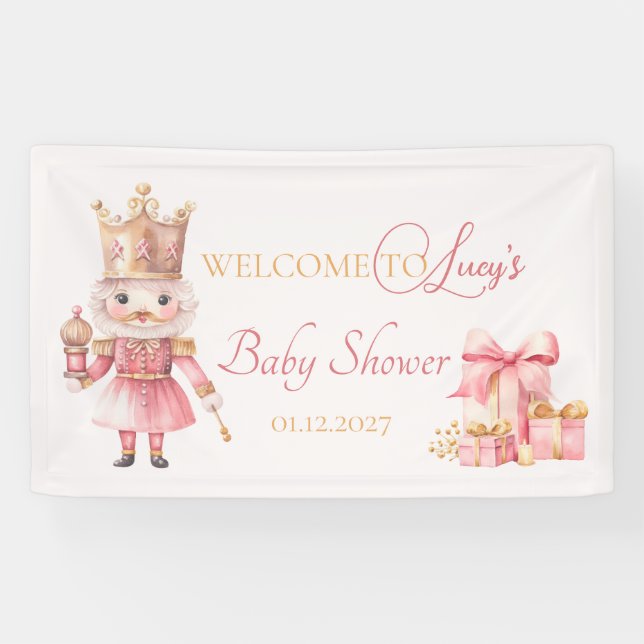 Weihnachts-Baby-Dusche: Rosa Nutcracker Willkommen Banner (Horizontal)