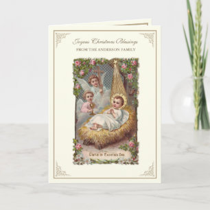 Weihnachts-Baby-Jesus-Engel-Poinsettien Feiertagskarte