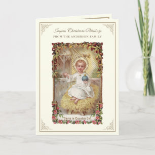 Weihnachts-Baby-Jesus Poinsettien Rosenkranz Feiertagskarte