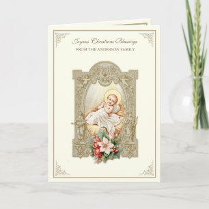 Weihnachts-Baby-Jesus-Poinsettien-Schrift Feiertagskarte
