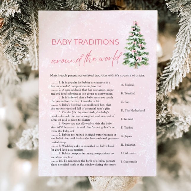 Weihnachts-Baby-Traditionen rund um das Weltspiel Einladung (Pink Bow Christmas Baby Traditions Around The World Game)