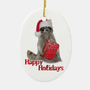 Weihnachts Bandit Raccoon mit Gegenwart Keramikornament