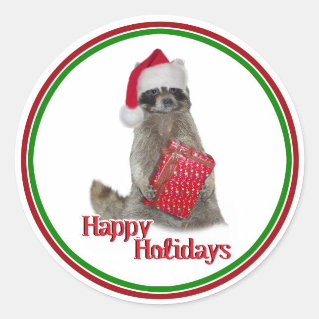 Weihnachts Bandit Raccoon mit Gegenwart Runder Aufkleber (Vorderseite)