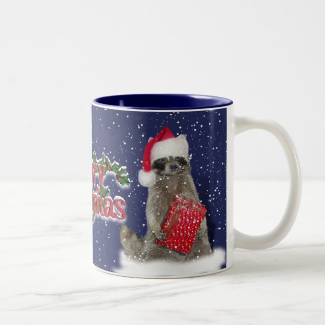 Weihnachts Bandit Raccoon mit Gegenwart Zweifarbige Tasse (Rechts)