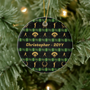 Weihnachts-Baseball-Spieler - Grüner Karo Keramik Ornament