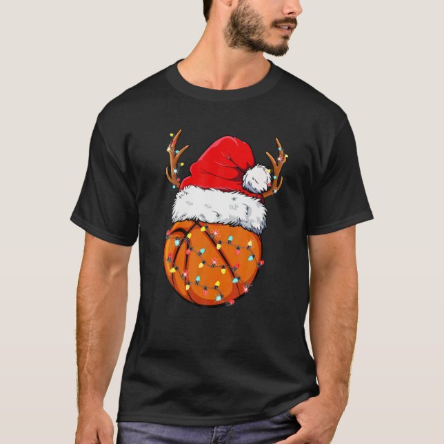 Weihnachts Basketball Ball Weihnachtsmannmütze Fun T-Shirt (Vorderseite)