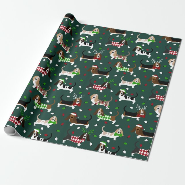 Weihnachts Basset Hound Forest Green Geschenkpapier (Ungerollt)