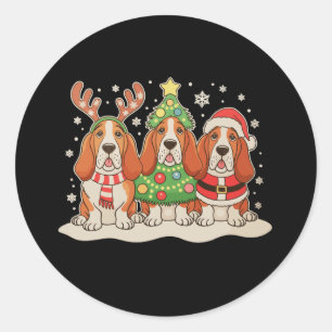 Weihnachts-Basset-Hound-Santa-Hut-Rentier-Hund-Xma Runder Aufkleber