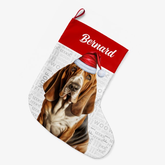 Weihnachts-Basset-Hund mit dem Namen des Hundes Großer Weihnachtsstrumpf (Vorderansicht (hängend))