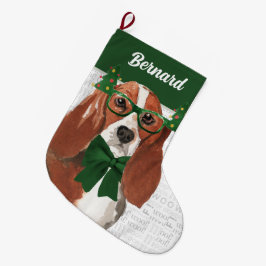 Weihnachts-Basset-Hund mit dem Namen des Hundes Großer Weihnachtsstrumpf