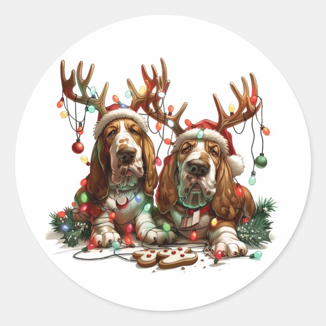 Weihnachts-Basset-Hunde Runder Aufkleber (Vorderseite)