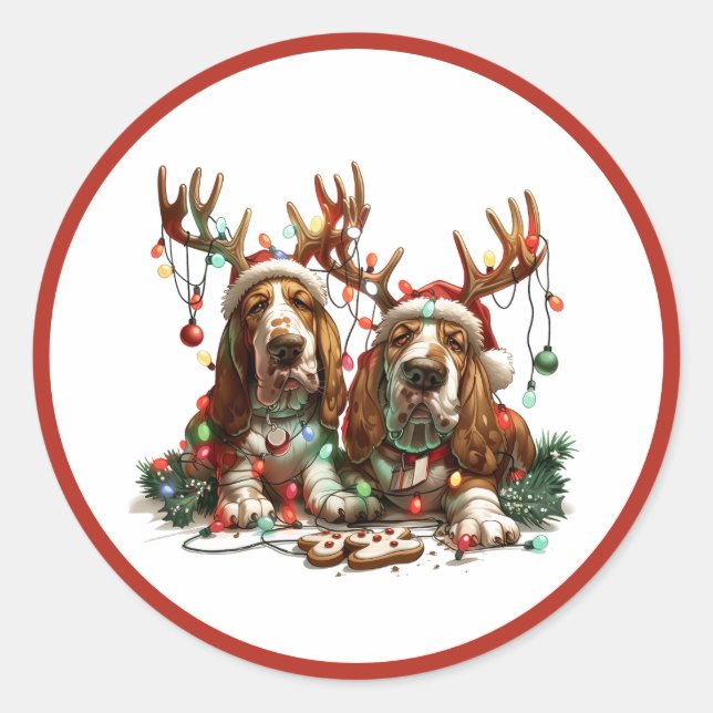 Weihnachts-Basset-Hunde Runder Aufkleber (Vorderseite)