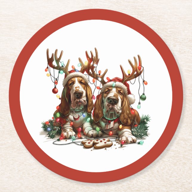 Weihnachts-Basset-Hunde Runder Pappuntersetzer (Vorderseite)