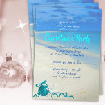 Weihnachts Beach Party Sand and Sea Einladung<br><div class="desc">Ferienhaus Party Einladung mit tropischem Thema Strand. Blauer Himmel,  blauer Ozean und Strand Sand sind die Kulissen für Zeilen von individuellem Text. Dekoriert mit einem Baum-Ornament,  Band und einem Seestern / Seestern. Tropische Farben des blauen Wassers und aquamarin.</div>