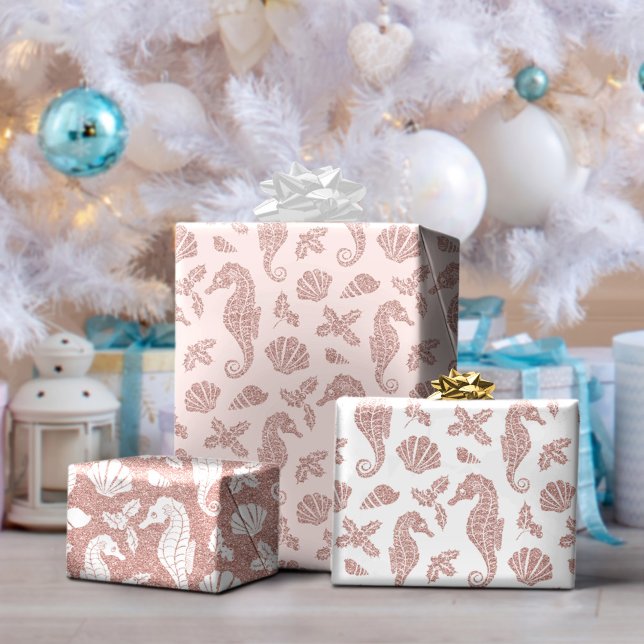 Weihnachts Beach Rose Gold Glitzer Seepferd Rosa Geschenkpapier Set (Von Creator hochgeladen)