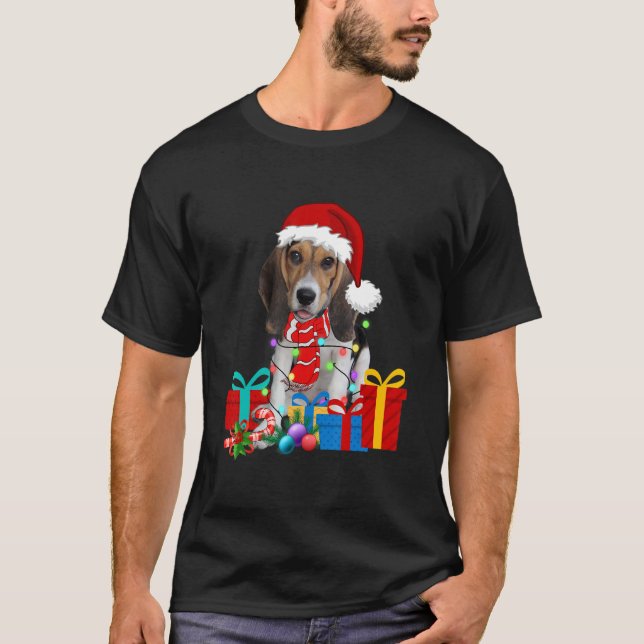 Weihnachts-Beagle Dog Xmas Lights Weihnachtsmannmü T-Shirt (Vorderseite)