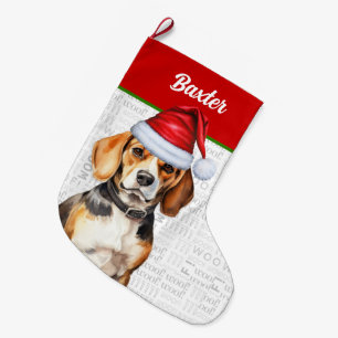 Weihnachts-Beagle mit dem Namen des Hundes Großer Weihnachtsstrumpf