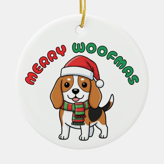 Weihnachts-Beagle-Ornament: Frohe Weihnachtsmänner Keramik Ornament (Vorne)