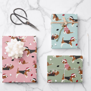 Weihnachts-Beagles Pink Blue Green Geschenkpapier Set