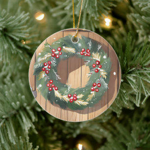 Weihnachts-Beeren-Kranz Wasserfarbe Rustikal Frö Keramik Ornament