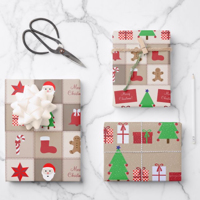 Weihnachts Beige Square Muster Papierblätter Geschenkpapier Set (Vorderseite)