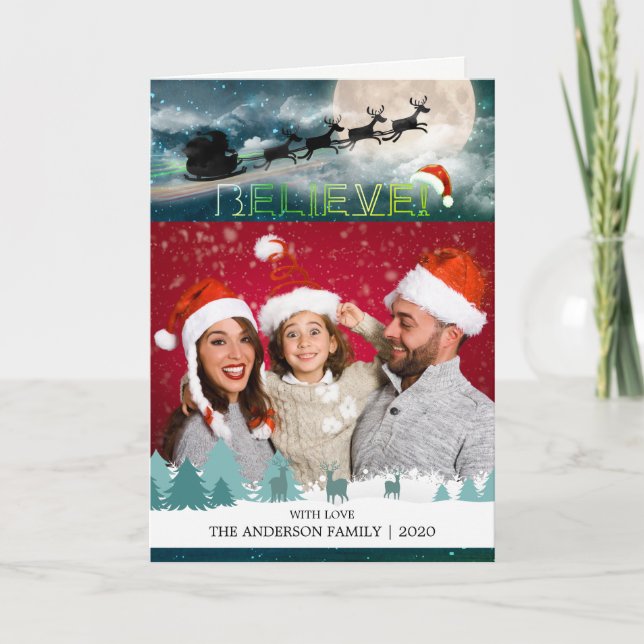 Weihnachts BELIEVE Rentier Sleigh Weihnachtsmannmü Feiertagskarte (Vorderseite)
