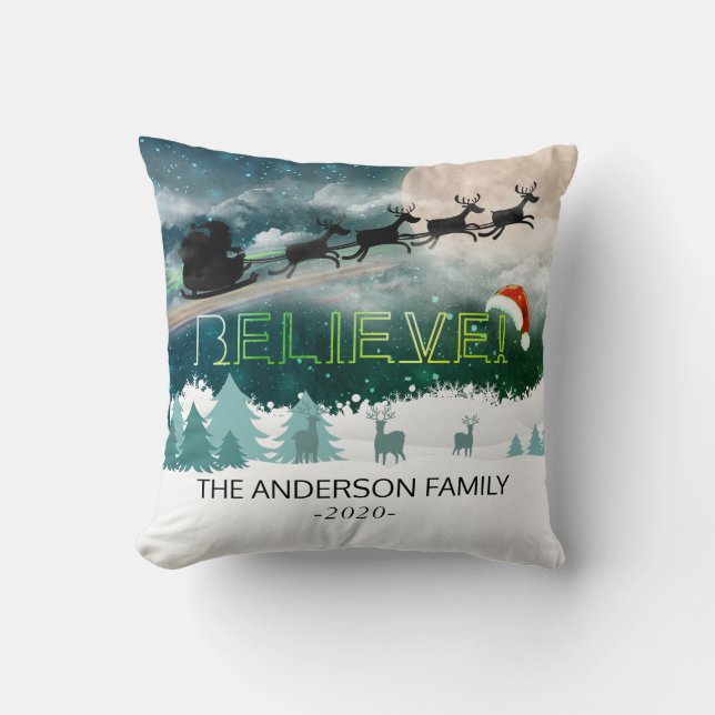 Weihnachts BELIEVE Rentier Sleigh Weihnachtsmannmü Kissen (Vorderseite)