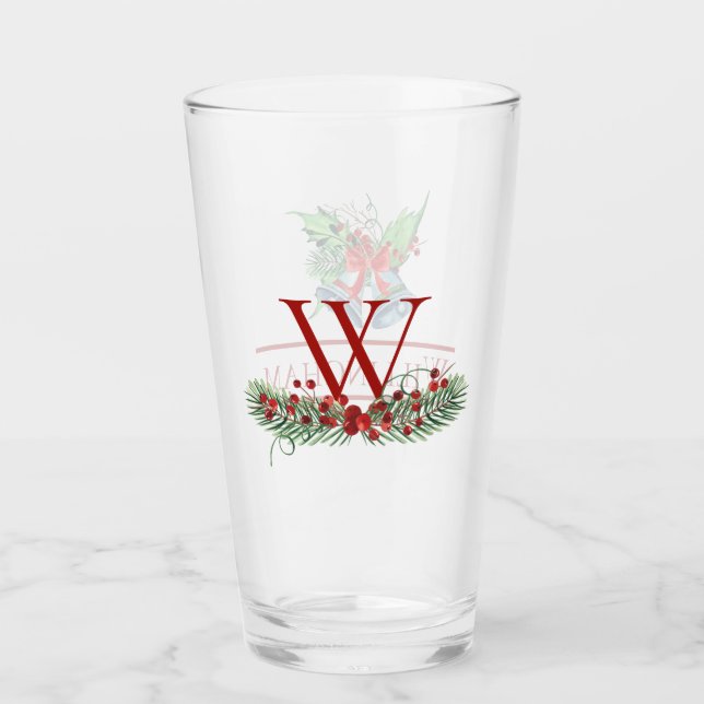 Weihnachts-Bells Red Berries Evergreen Name Initia Glas (Vorderseite)