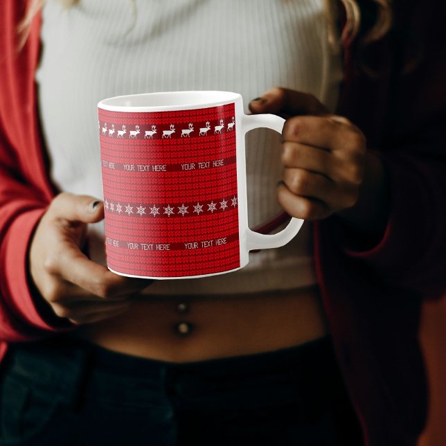 Weihnachts Benutzerdefinierter Text Red White Stri Kaffeetasse (Christmas Custom Text Red White Knitted Sweater Coffee Mug)