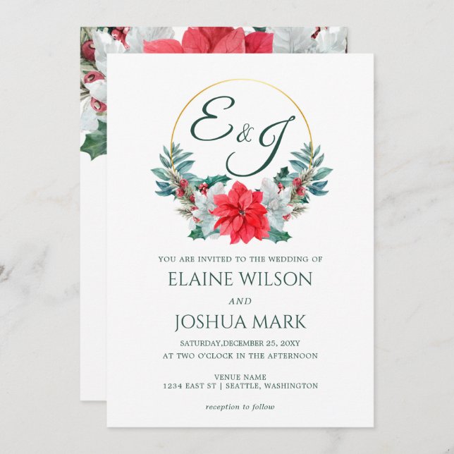 Weihnachts Berry Poinsettia Wreath Monogram Weddin Einladung (Vorne/Hinten)