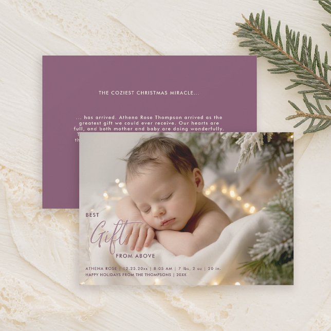 Weihnachts Bestes Geschenk Kalligrafie Pink Baby F Ankündigung (christmas family card baby announcement best gift calligraphy simple elegant modern lavender pink)