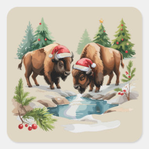 Weihnachts Bison Büffel Tier Western Wildlife Quadratischer Aufkleber
