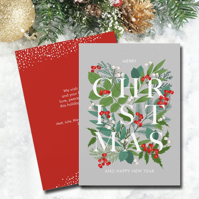 Weihnachts-Blätter und Berries Feiertagskarte (CHRISTMAS typography leaves and berries flat holiday cards - PRINTED and/or INSTANT DOWNLOAD)