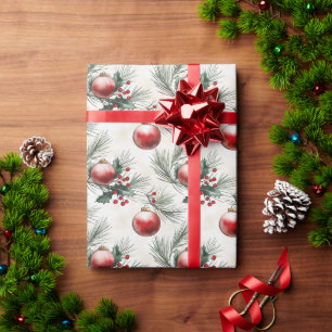 Weihnachts-Blätter und Rote Bälle Geschenkpapier
