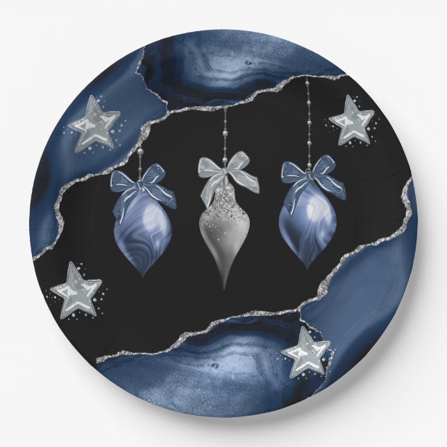 Weihnachts-Blau/Silber-Ornamente über Agate Art Pappteller (Vorderseite)