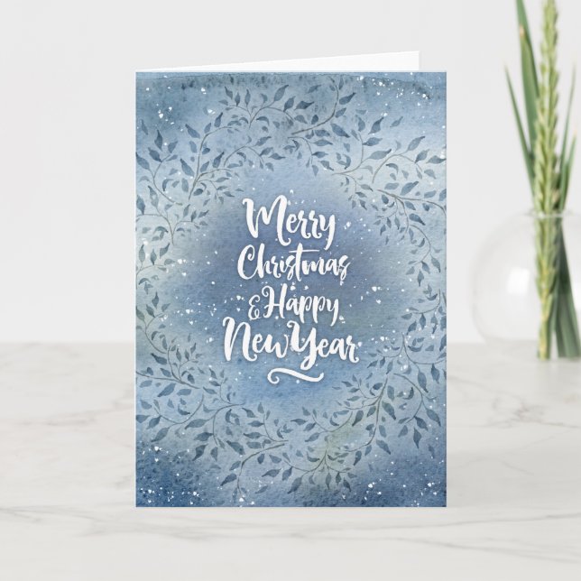 Weihnachts-blaue Blätter Feiertagskarte (Vorderseite)