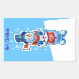 Weihnachts blauer Rechteck Aufkleber Snowman Schla