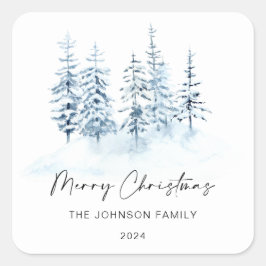 Weihnachts-Blauer Winterwald Rustikale Landschaft Quadratischer Aufkleber