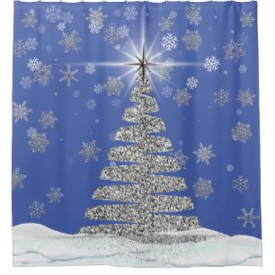 Weihnachts-Bling Silberbaum und Schneeflocken Duschvorhang