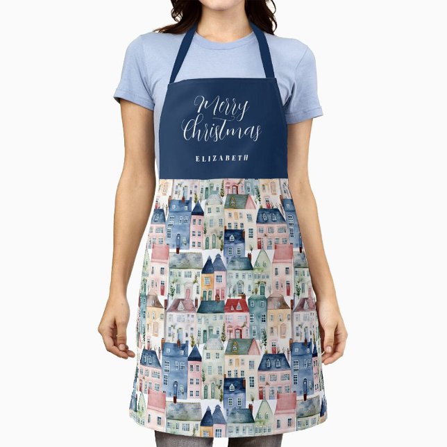 Weihnachts Blue Watercolor farbenfrohe Häuser Urla Schürze (Von Creator hochgeladen)